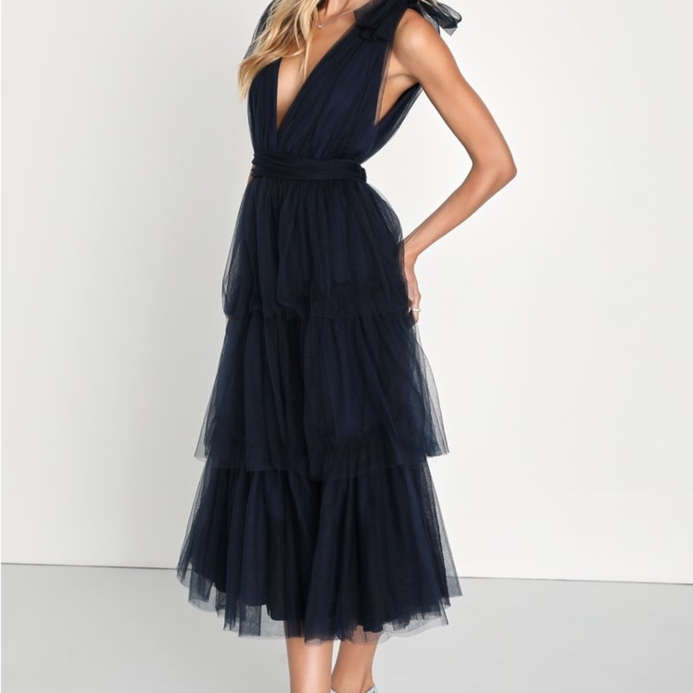 NWOT Lulus Flawless Arrival Navy Blue Tulle Tie-Strap Tiered Maxi Dress - Picture 2 of 8